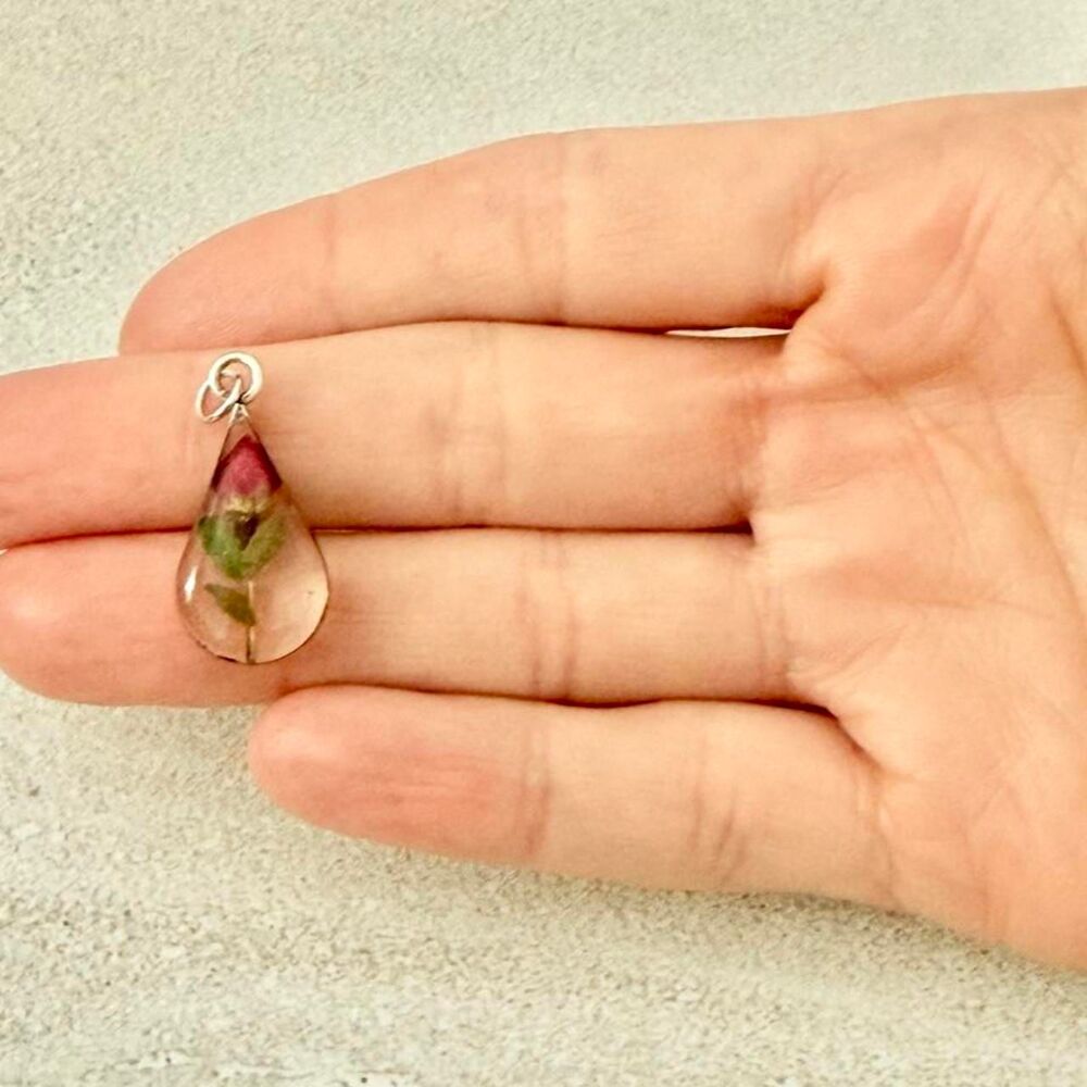925 Sterling Silver Mexico Pressed Rose Resin Pendant Charm